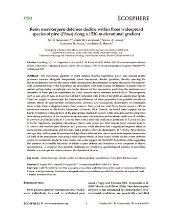 Resin Monoterpene Defenses Decline Within Three Widespread Species of Pine (Pinus) Along a 1530-m Elevational Gradient thumbnail