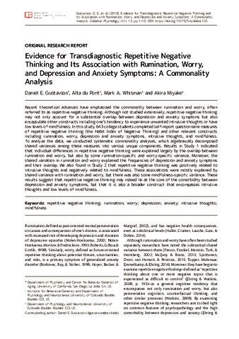 Evidence for Transdiagnostic Repetitive Negative Thinking and Its Association with Rumination, Worry, and Depression and Anxiety Symptoms: A Commonality Analysis thumbnail