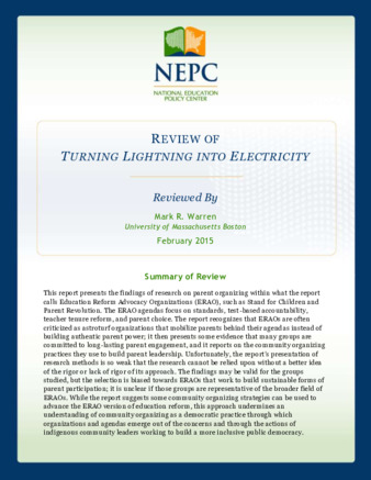 NEPC Review: Turning Lightning into Electricity: Organizing Parents for Education Reform thumbnail