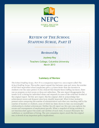 NEPC Review: The School Staffing Surge: Decades of Employment Growth in America's Public Schools, Part II thumbnail