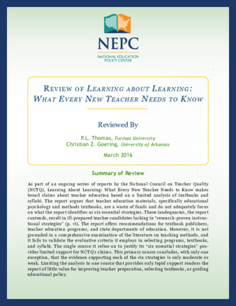 NEPC Review: Learning about Learning: What Every New Teacher Needs to Know thumbnail