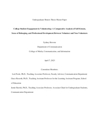College Student Engagement in Volunteering: A Comparative Analysis of Self-Esteem, Sense of Belonging, and Professional Development Between Volunteer and Non-Volunteers  thumbnail